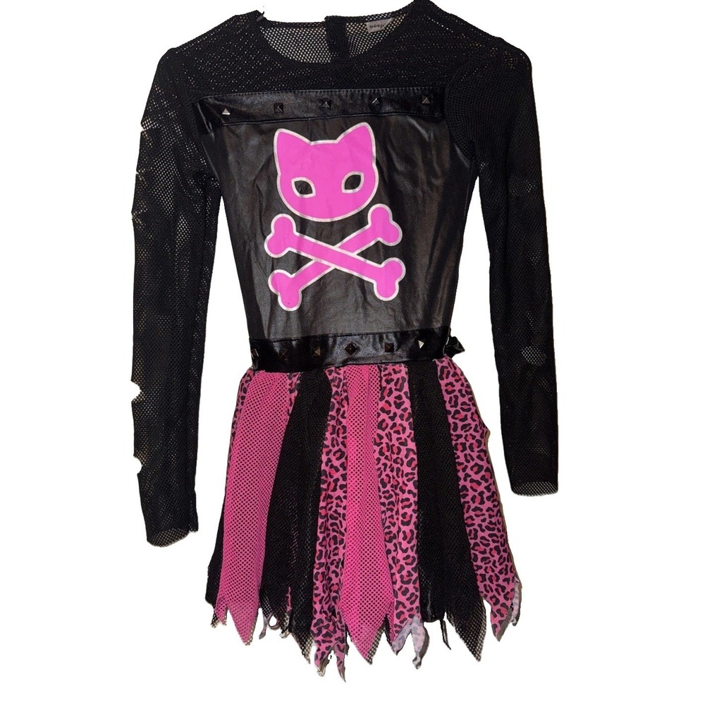 Spirit Punk Kitty Costume Dress & Choker Hot Pink Leopard Studded Girl's M 8/10